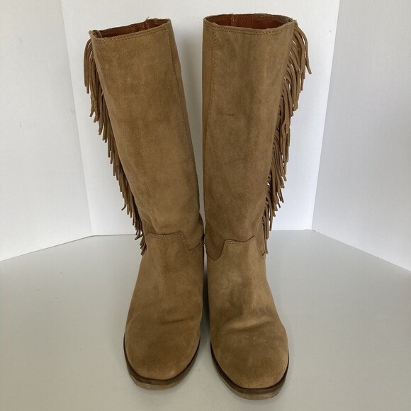 Lucky Brand Boot LK Grayer 7.5M Suede Tan Pullon Flyaway Fringe Mid-Calf Western - Picture 3 of 11